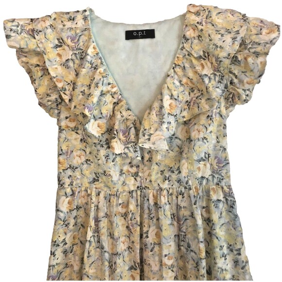OPT Kate Dress Womens Size M Cotton Floral Midi Ruffle Neckline Garden Girl - Picture 4 of 15